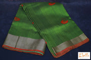 Olive Green Matka Silk Saree With Peach And Red Floral Meena Motifs Stitched Blouse Saree