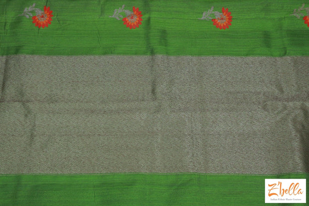 Olive Green Matka Silk Saree With Peach And Red Floral Meena Motifs Stitched Blouse Saree