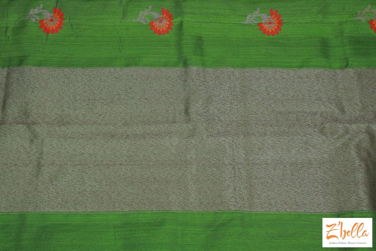 Olive Green Matka Silk Saree With Peach And Red Floral Meena Motifs Stitched Blouse Saree