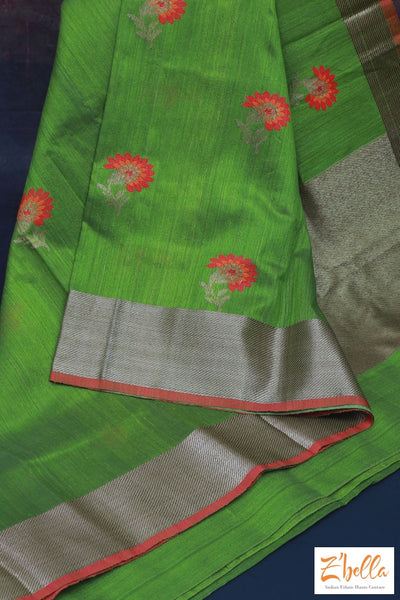 Olive Green Matka Silk Saree With Peach And Red Floral Meena Motifs Stitched Blouse Saree