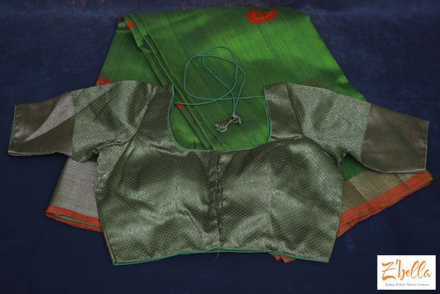 Olive Green Matka Silk Saree With Peach And Red Floral Meena Motifs Stitched Blouse Saree