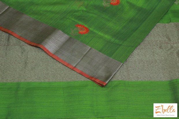 Olive Green Matka Silk Saree With Peach And Red Floral Meena Motifs Stitched Blouse Saree