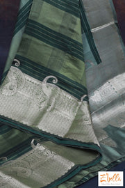Olive Green Ombre Chinya Silk Saree With Banarsi Border Stitched Blouse Saree
