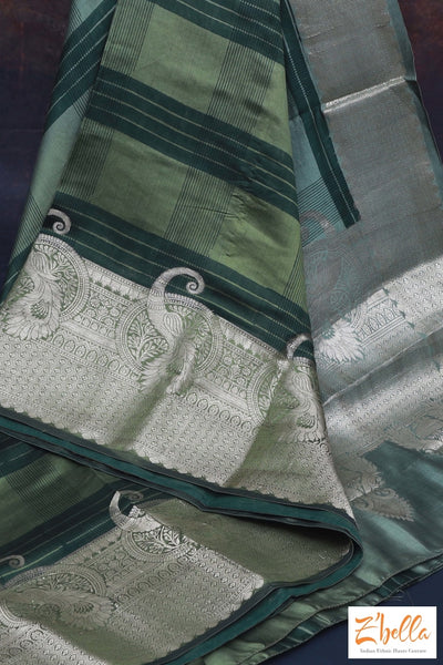 Olive Green Ombre Chinya Silk Saree With Banarsi Border Stitched Blouse Saree