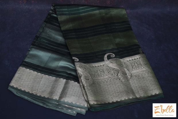 Olive Green Ombre Chinya Silk Saree With Banarsi Border Stitched Blouse Saree