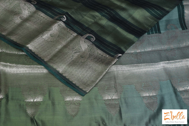 Olive Green Ombre Chinya Silk Saree With Banarsi Border Stitched Blouse Saree