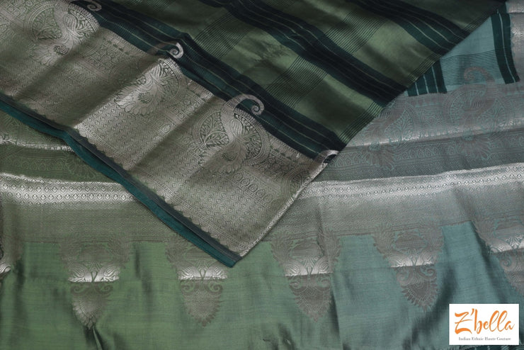 Olive Green Ombre Chinya Silk Saree With Banarsi Border Stitched Blouse Saree