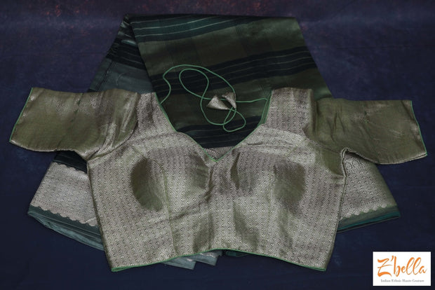 Olive Green Ombre Chinya Silk Saree With Banarsi Border Stitched Blouse Saree