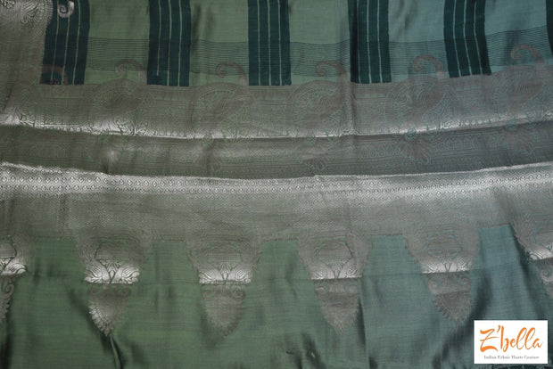 Olive Green Ombre Chinya Silk Saree With Banarsi Border Stitched Blouse Saree