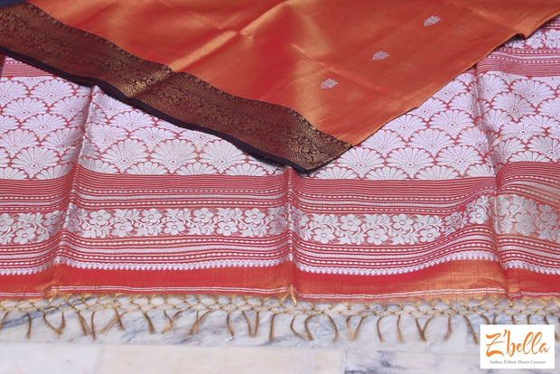 Orange And Brown Soft Cotton Tissue Saree With Banarsi Border Stitched Blouse Saree