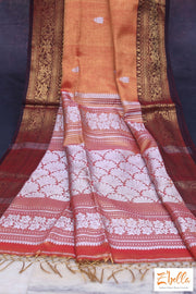 Orange And Brown Soft Cotton Tissue Saree With Banarsi Border Stitched Blouse Saree