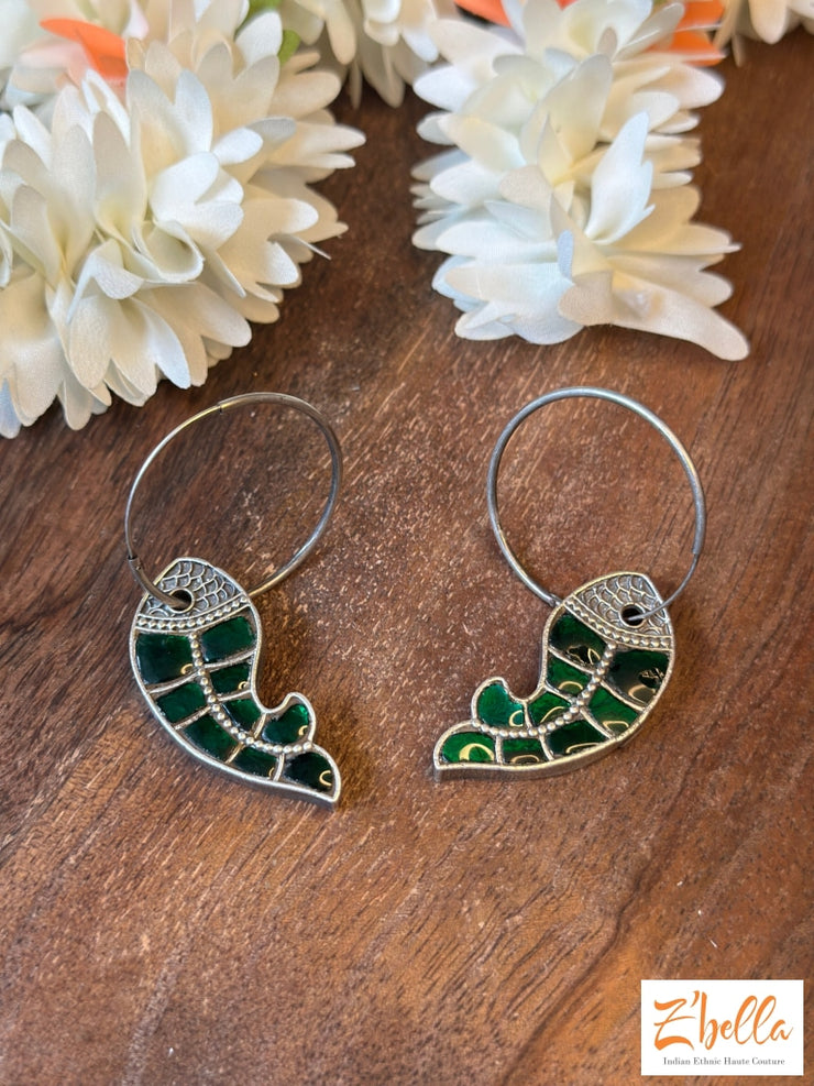 Pachi Kundan Earring - Green Stone Earrings Silver Tone