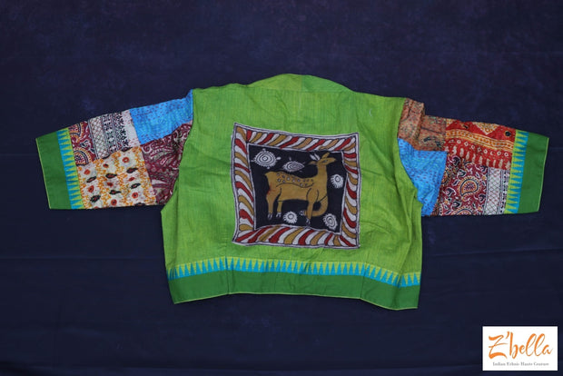 Parrot Green Cotton Blouse With Kantha Work Blouse