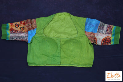 Parrot Green Cotton Blouse With Kantha Work Blouse