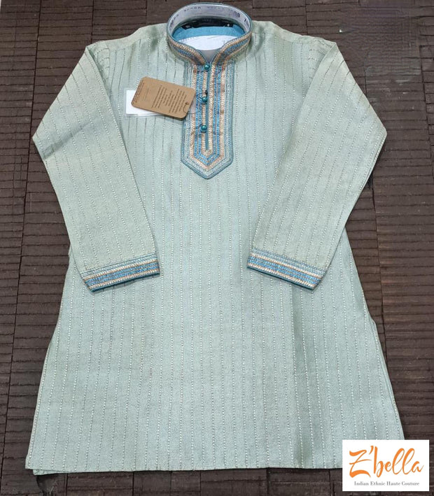 Pastel Blue Color Kurta With Neck Embroidary Bottom Boy Kids Set