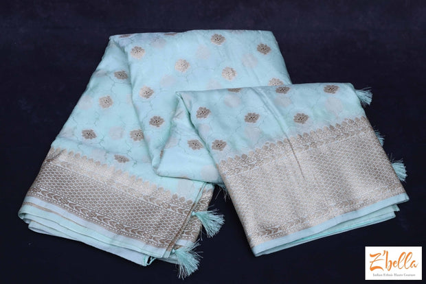 Pastel Green Semi Mashroo Silk Saree With Stitched Blouse Saree