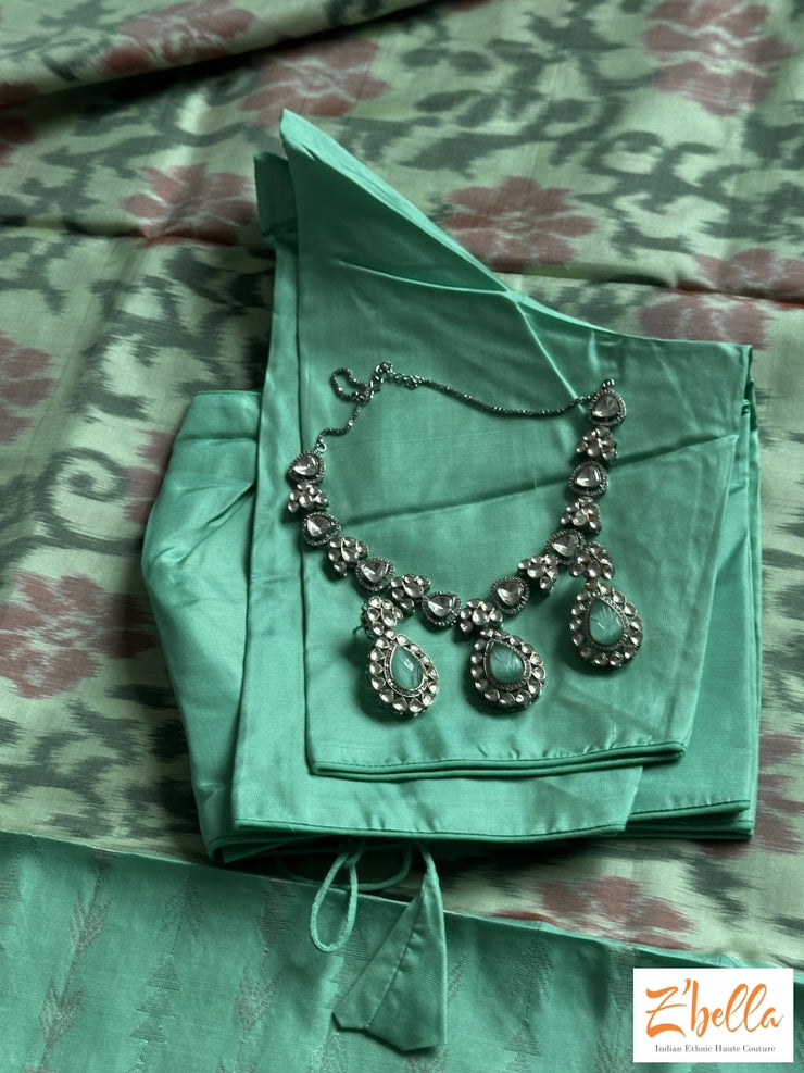 Pastel Greenikkat Silk Saree With Kancheevaram Light Blue Border Stitched Blouse Saree