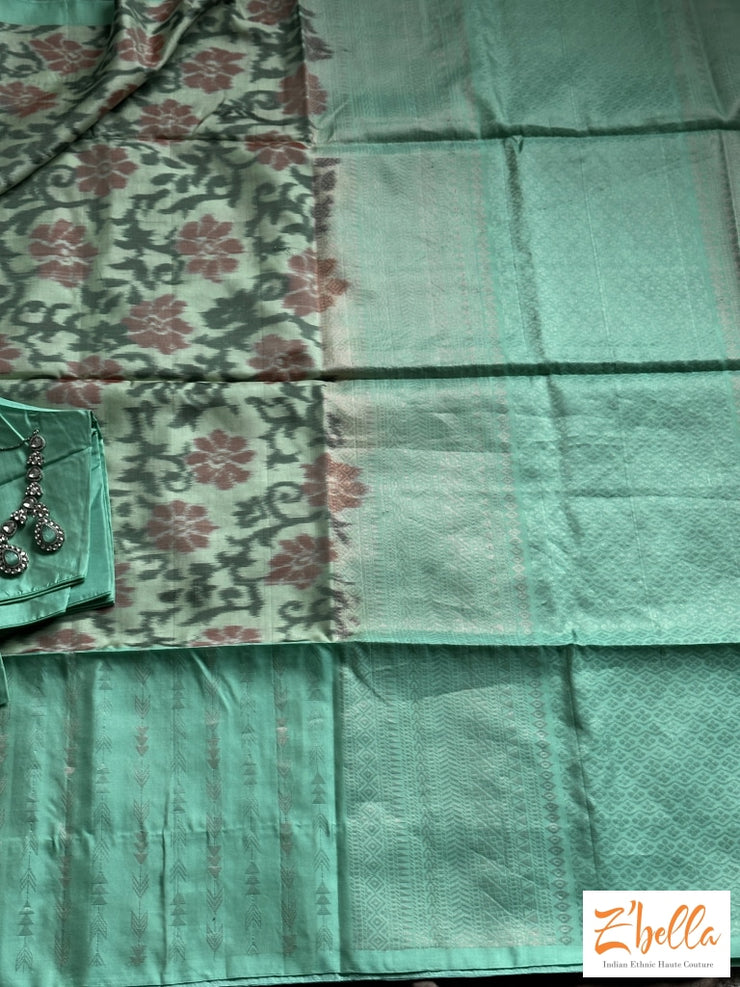 Pastel Greenikkat Silk Saree With Kancheevaram Light Blue Border Stitched Blouse Saree