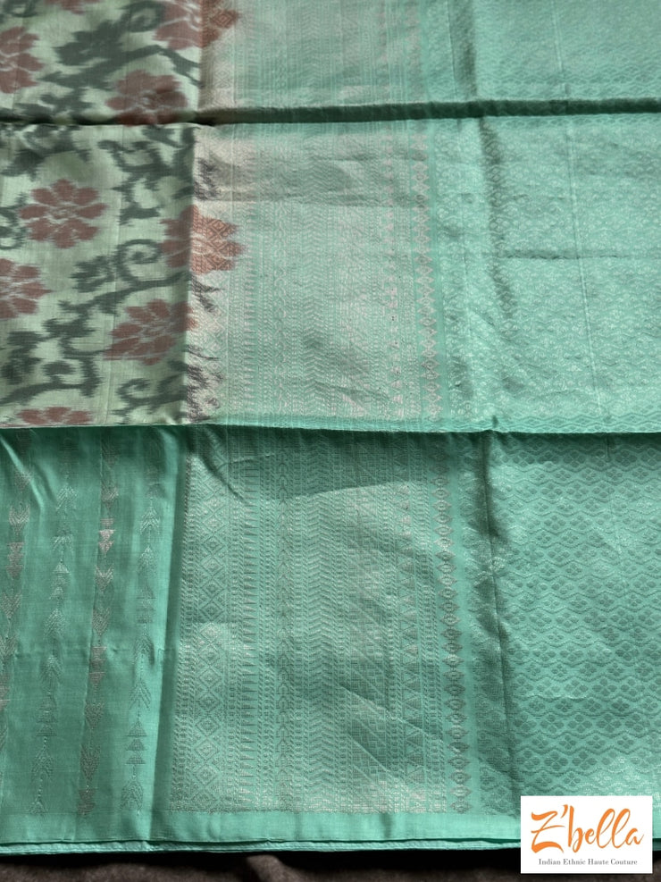 Pastel Greenikkat Silk Saree With Kancheevaram Light Blue Border Stitched Blouse Saree