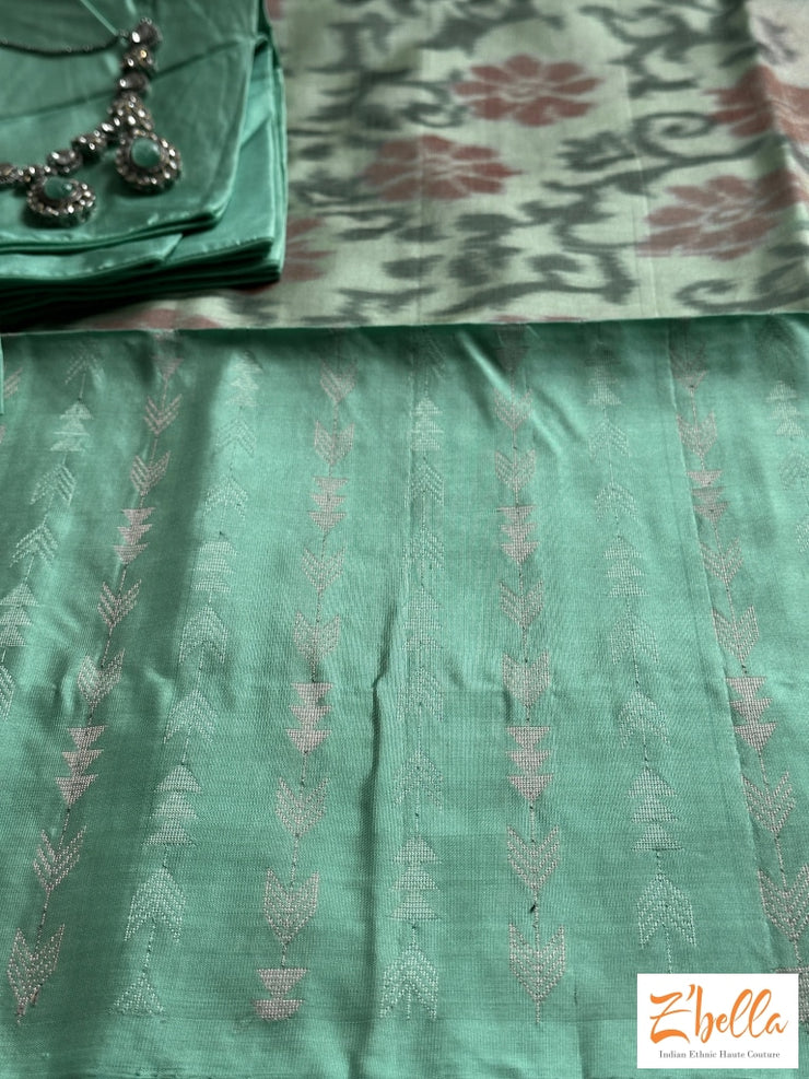 Pastel Greenikkat Silk Saree With Kancheevaram Light Blue Border Stitched Blouse Saree