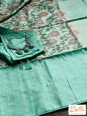 Pastel Greenikkat Silk Saree With Kancheevaram Light Blue Border Stitched Blouse Saree