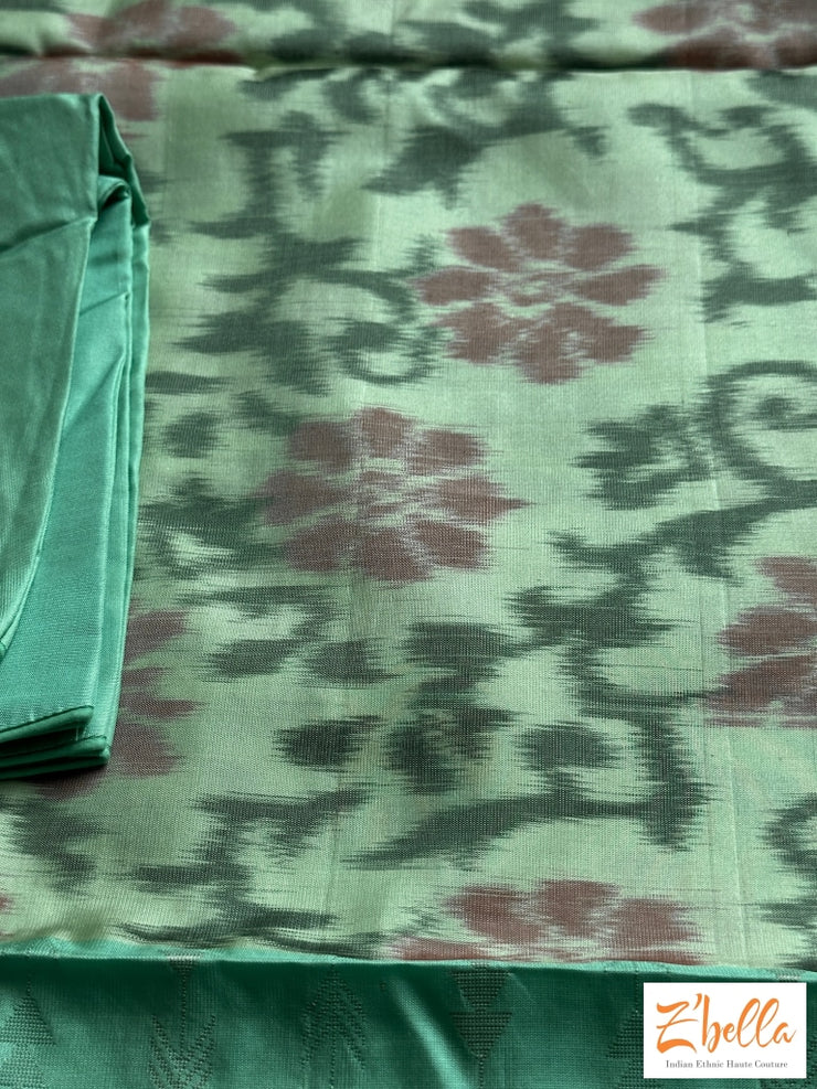 Pastel Greenikkat Silk Saree With Kancheevaram Light Blue Border Stitched Blouse Saree