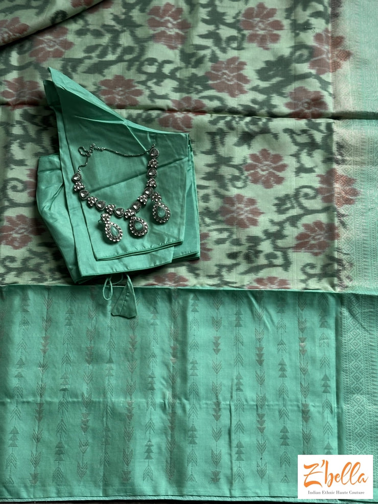 Pastel Greenikkat Silk Saree With Kancheevaram Light Blue Border Stitched Blouse Saree