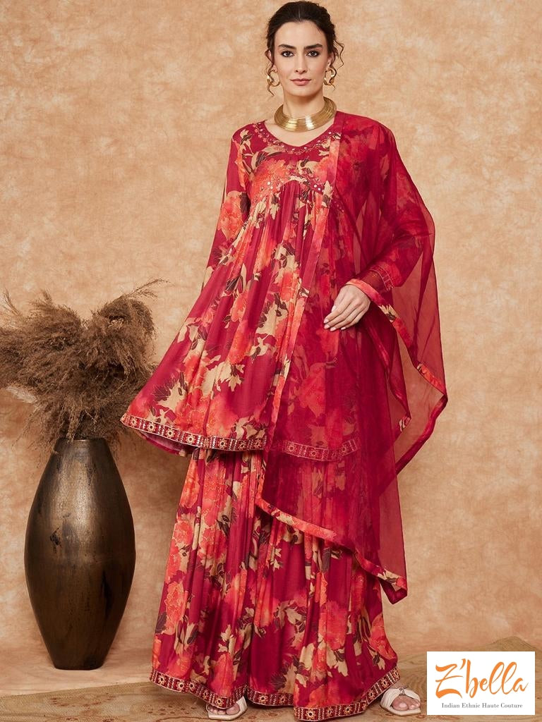 Peach And Wine Red Peplum Kurti Ghararah Bottom Kurti Set