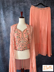 Peach Embroidered Crop Top With Flared Palazo And Shrug Palazzo