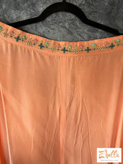 Peach Embroidered Crop Top With Flared Palazo And Shrug Palazzo