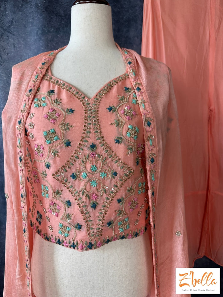 Peach Embroidered Crop Top With Flared Palazo And Shrug Palazzo