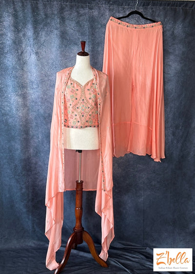 Peach Embroidered Crop Top With Flared Palazo And Shrug Palazzo