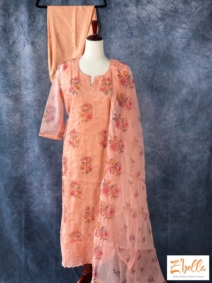Peach Floral Printed Kurti With Dupatta And Pants Kurti