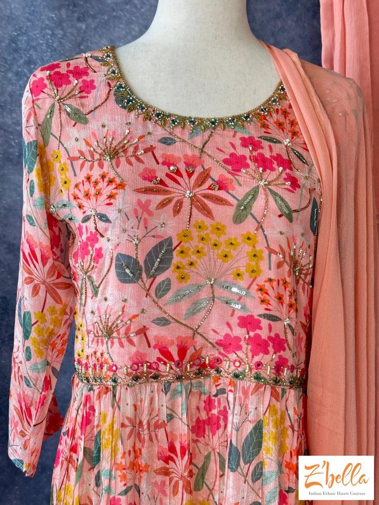 Peach Floral Printed Top With Flared Palazo Palazzo