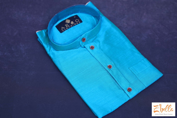 Peacock Blue Cotton Silk Short Kurta Kurta