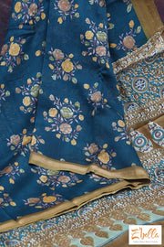 Peacock Blue Floral Printed Chanderi Cotton Silk Saree With Bp Saree