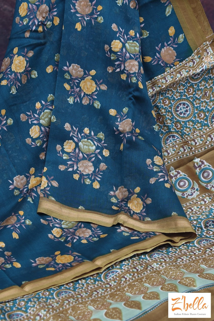 Peacock Blue Floral Printed Chanderi Cotton Silk Saree With Bp Saree