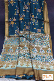 Peacock Blue Floral Printed Chanderi Cotton Silk Saree With Bp Saree