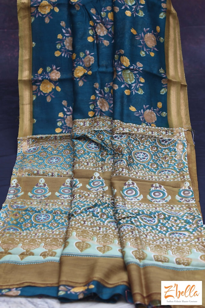 Peacock Blue Floral Printed Chanderi Cotton Silk Saree With Bp Saree