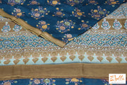 Peacock Blue Floral Printed Chanderi Cotton Silk Saree With Bp Saree