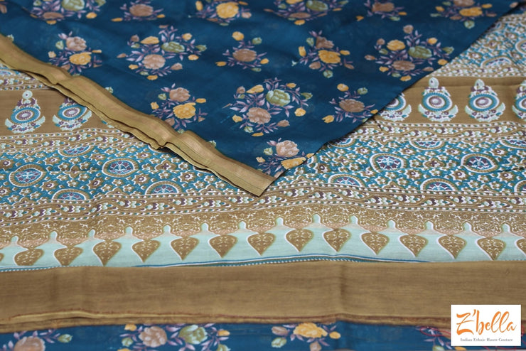 Peacock Blue Floral Printed Chanderi Cotton Silk Saree With Bp Saree