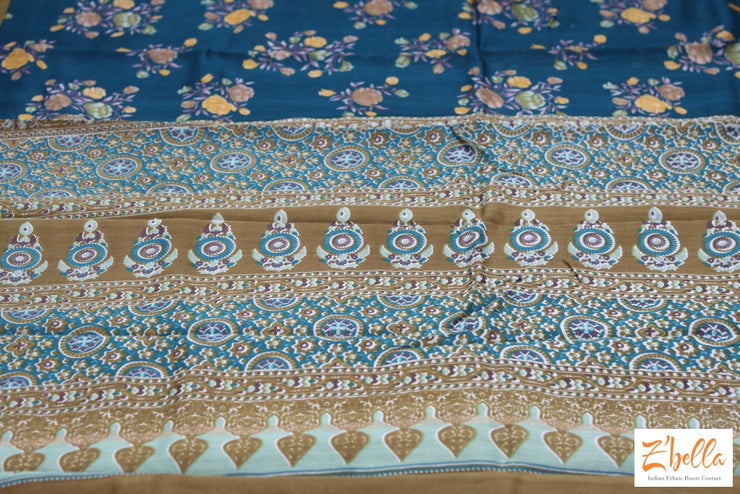 Peacock Blue Floral Printed Chanderi Cotton Silk Saree With Bp Saree