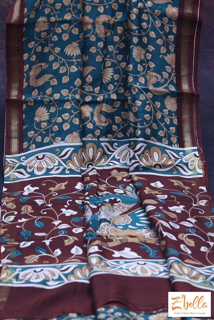 Peacock Blue Floral Printed Chanderi Cotton Silk Saree With Bp Saree