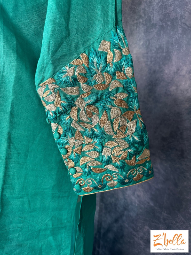 Peacock Blue Party Wear Kurti With Embroidery On Sleeves And Back Neck Kurti