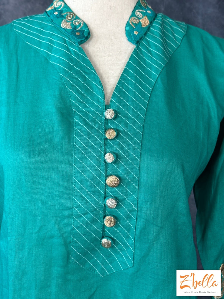 Peacock Blue Party Wear Kurti With Embroidery On Sleeves And Back Neck Kurti