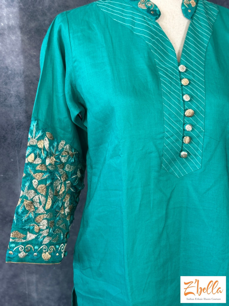 Peacock Blue Party Wear Kurti With Embroidery On Sleeves And Back Neck Kurti