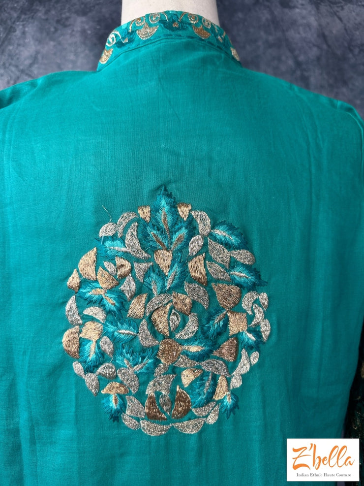 Peacock Blue Party Wear Kurti With Embroidery On Sleeves And Back Neck Kurti