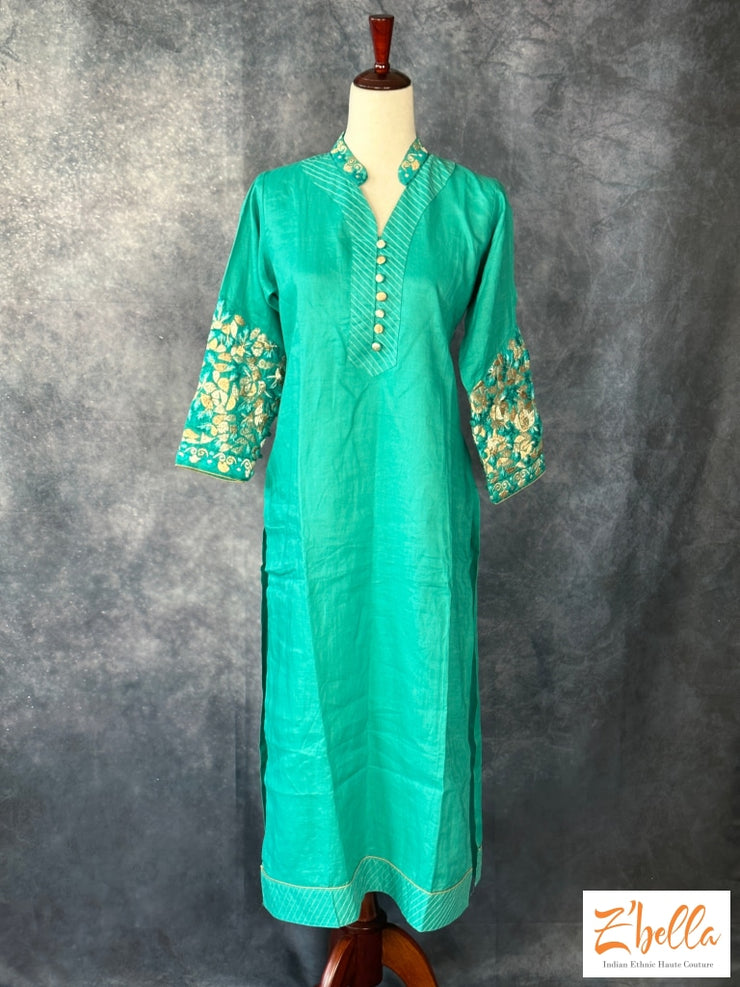 Peacock Blue Party Wear Kurti With Embroidery On Sleeves And Back Neck Kurti