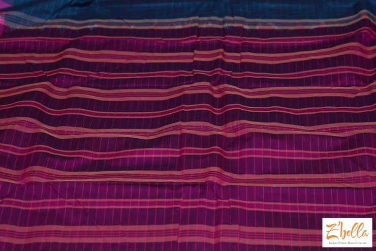 Peacock Green And Pink Cotton Saree With Zari Border No Bp Saree