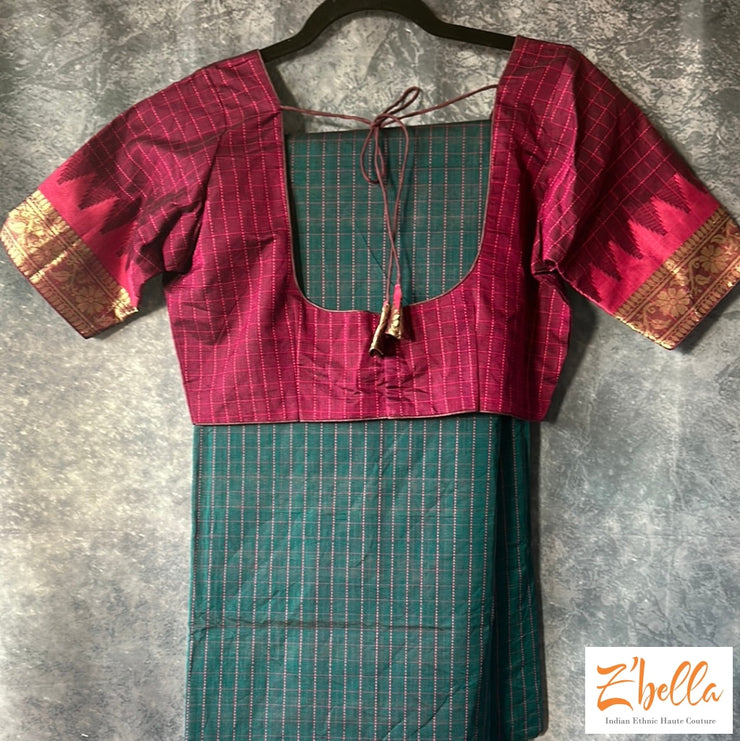 Peacock Green And Pink Cotton Saree With Zari Border Stitched Blouse Saree